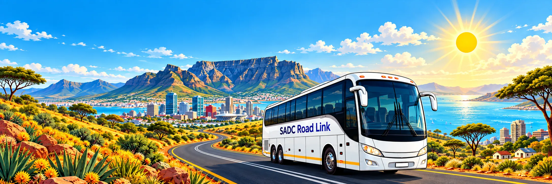 SADC Road Link coach on a coastal road below Table Mountain