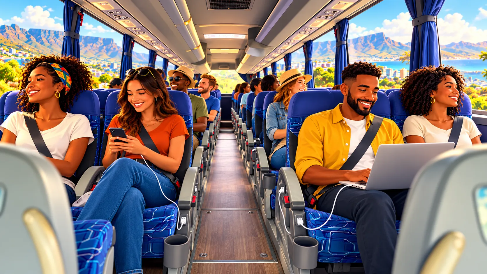 Smiling passengers in blue reclining seats with seat belts and USB charging at every armrest, Table Mountain through the windows