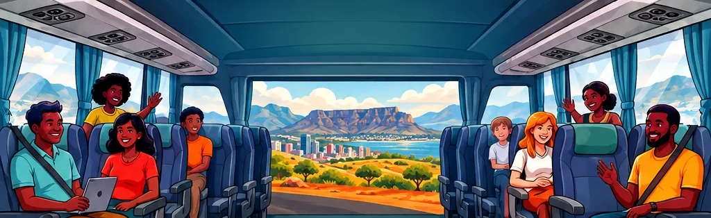 Smiling passengers in reclining seats inside a SADC Road Link coach, with Table Mountain through the windscreen