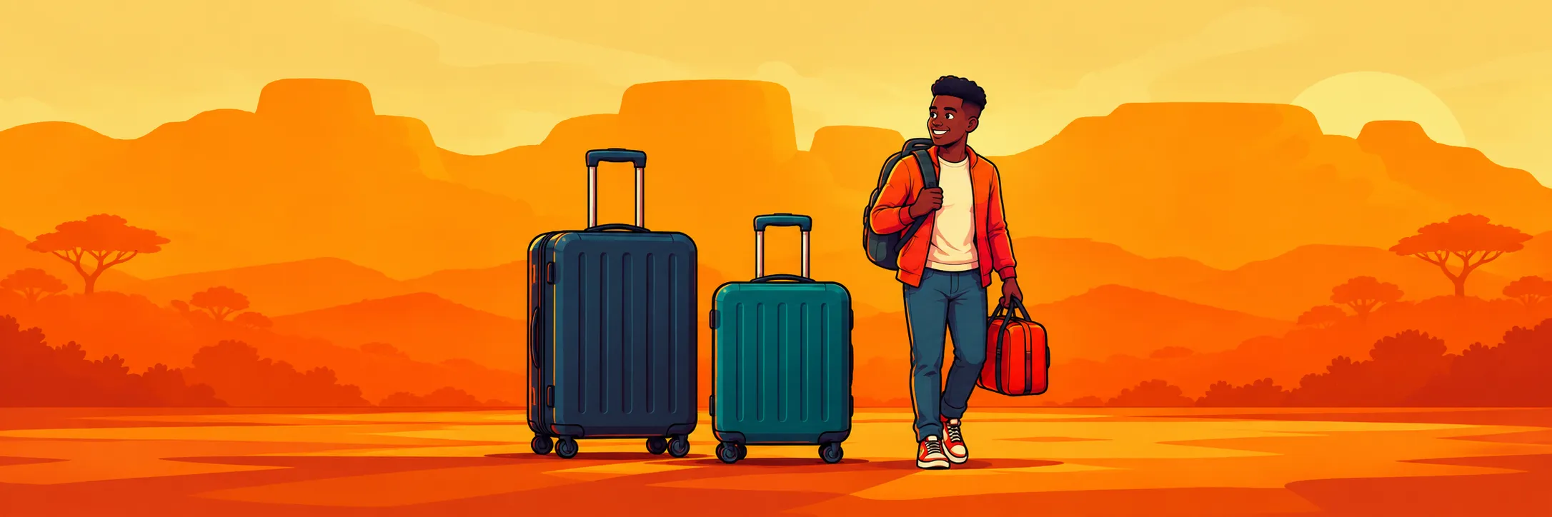 Traveller with two suitcases and a hand bag, ready to board